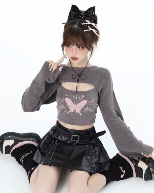 Butterfly Top Two Piece Set - Grunge Aesthetic featuring a gray crop top with butterfly embroidery and a black faux leather skirt.