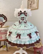 Frilly Ribbon Dress - Hime Lolita Dress, layered pastel blue and brown lolita gown with ruffles and bows.