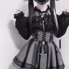 Black Jirai Kei Clothing Set: Top and layered skirt with lace details and a corset belt.