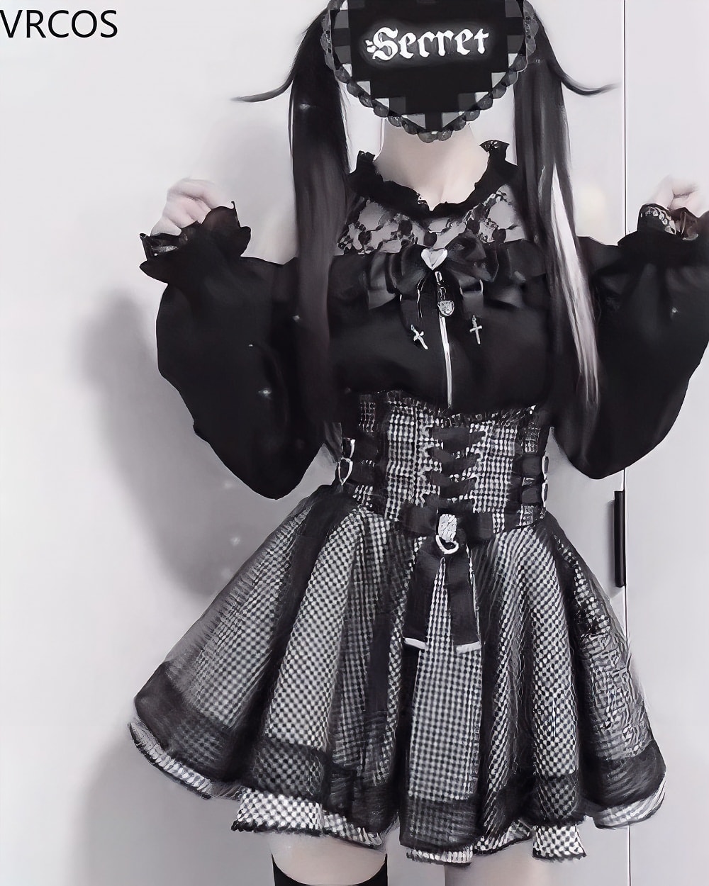 Black Jirai Kei Clothing Set: Top and layered skirt with lace details and a corset belt.