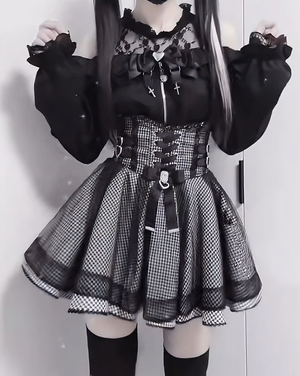 Black Jirai Kei Top and Skirt Set product photo 1 Black Jirai Kei Clothing Set: A layered top and skirt with lace, ruffles, and a plaid skirt.
