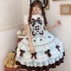 A young woman wearing a Frilly Ribbon Dress - Hime Lolita Dress, featuring layered ruffles and bows, with a matching hat and accessories.