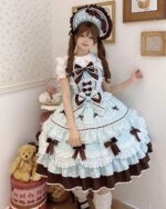 A young woman wearing a Frilly Ribbon Dress - Hime Lolita Dress, featuring layered ruffles and bows, with a matching hat and accessories.