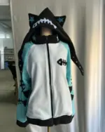 Blue and black Fish Bone Hoodie with fish bone and star details, Harajuku aesthetic.