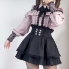 Off-shoulder blouse and skirt set in Jirai Kei Aesthetic, featuring ruffles and lace details.
