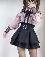 Off-shoulder blouse and skirt set in Jirai Kei Aesthetic, featuring ruffles and lace details.