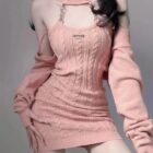 Pink Knitted Mini Dress Set, Korean Aesthetic, featuring a cable-knit design and off-the-shoulder style.