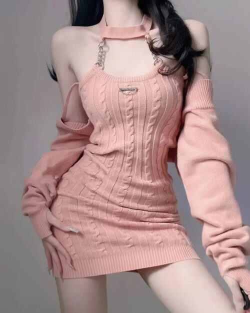 Pink Knitted Mini Dress Set, Korean Aesthetic, featuring a cable-knit design and off-the-shoulder style.