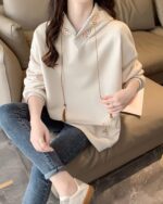 Loose Thickened Pullover Hoodie - Ethno-Chic Hoodie in beige, featuring embroidered details and a relaxed fit.