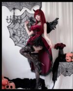 Model wearing a Dark Nun Dress, a romantic goth aesthetic dress with velvet and lace details.