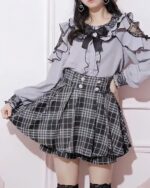 Long Sleeve Blouse – Jirai Kei Aesthetic, featuring lace and ruffles, paired with a plaid skirt.