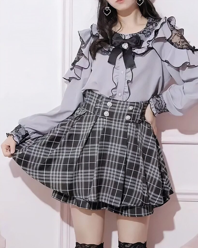 Long Sleeve Blouse – Jirai Kei Aesthetic, featuring lace and ruffles, paired with a plaid skirt.