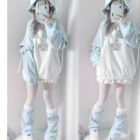 A Long Sleeve Hoodie - Kawaii Gamer Hoodie featuring a light blue color and cute bear ears.