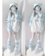 A Long Sleeve Hoodie - Kawaii Gamer Hoodie featuring a light blue color and cute bear ears.
