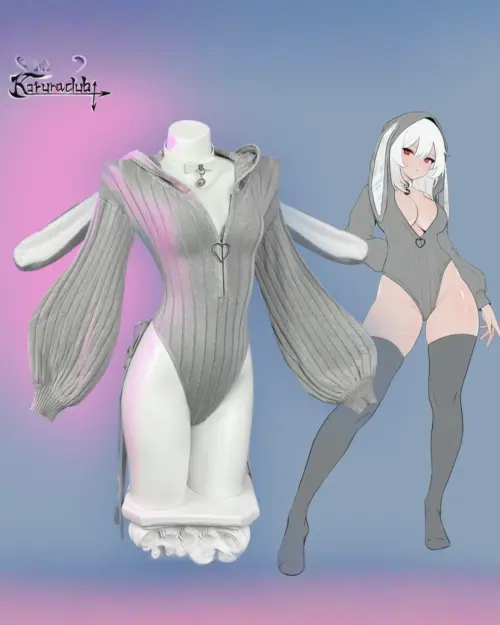KORURACLUB Knitted Bunny Girl Jumpsuit displayed on a mannequin with a digital illustration.