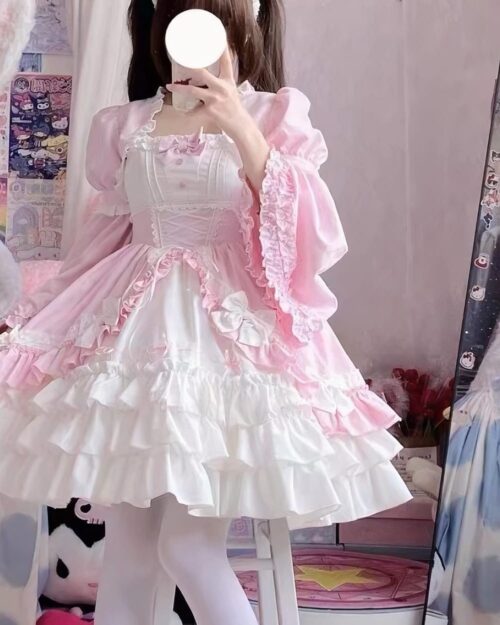 A pink and white Hime Lolita Dress Collection with ruffles and lace details.