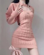 Pink Knitted Mini Dress Set - Korean Aesthetic, featuring a cable knit design and adjustable tie details.
