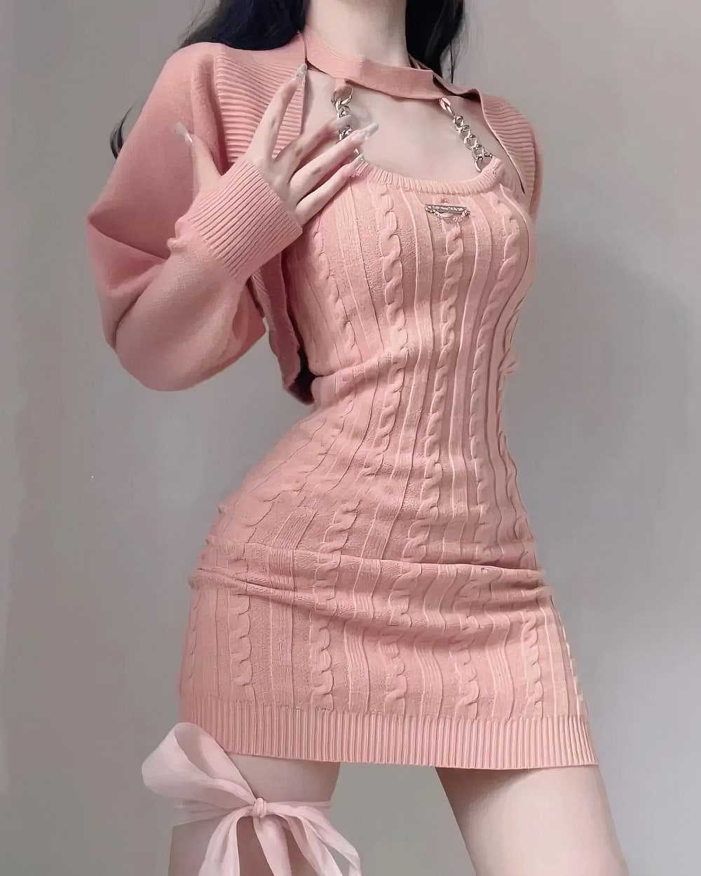 Pink Knitted Mini Dress Set - Korean Aesthetic, featuring a cable knit design and adjustable tie details.