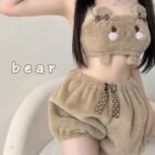 Close-up of Soft Plush Bear Pajamas - Kawaii Clothes, featuring a brown plush top and shorts with bear ears.