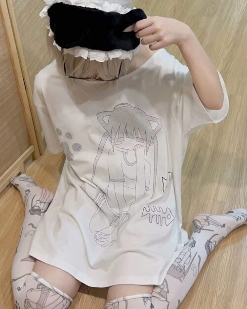White Cat Girl Oversized T-Shirt with anime-style illustration on a light background.