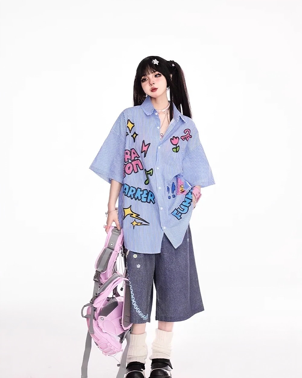 Rainbow Chain Print Bermuda Pants - Y2K Aesthetic Pants, featuring a vibrant print and relaxed fit.