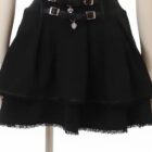 Black Jirai Kei Skirt featuring ruffles and a layered design with straps and lace trim.