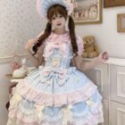 A woman wearing a Frilly Ribbon Dress - Hime Lolita Dress, featuring layers, ruffles, and a decorative bonnet.