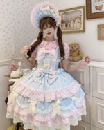 A woman wearing a Frilly Ribbon Dress - Hime Lolita Dress, featuring layers, ruffles, and a decorative bonnet.