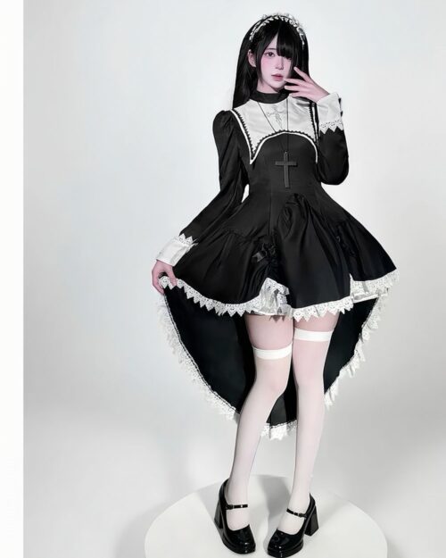 Black Gothic Nun Dress with lace details and a high-low hemline. A complete Gothic Nun Dress.