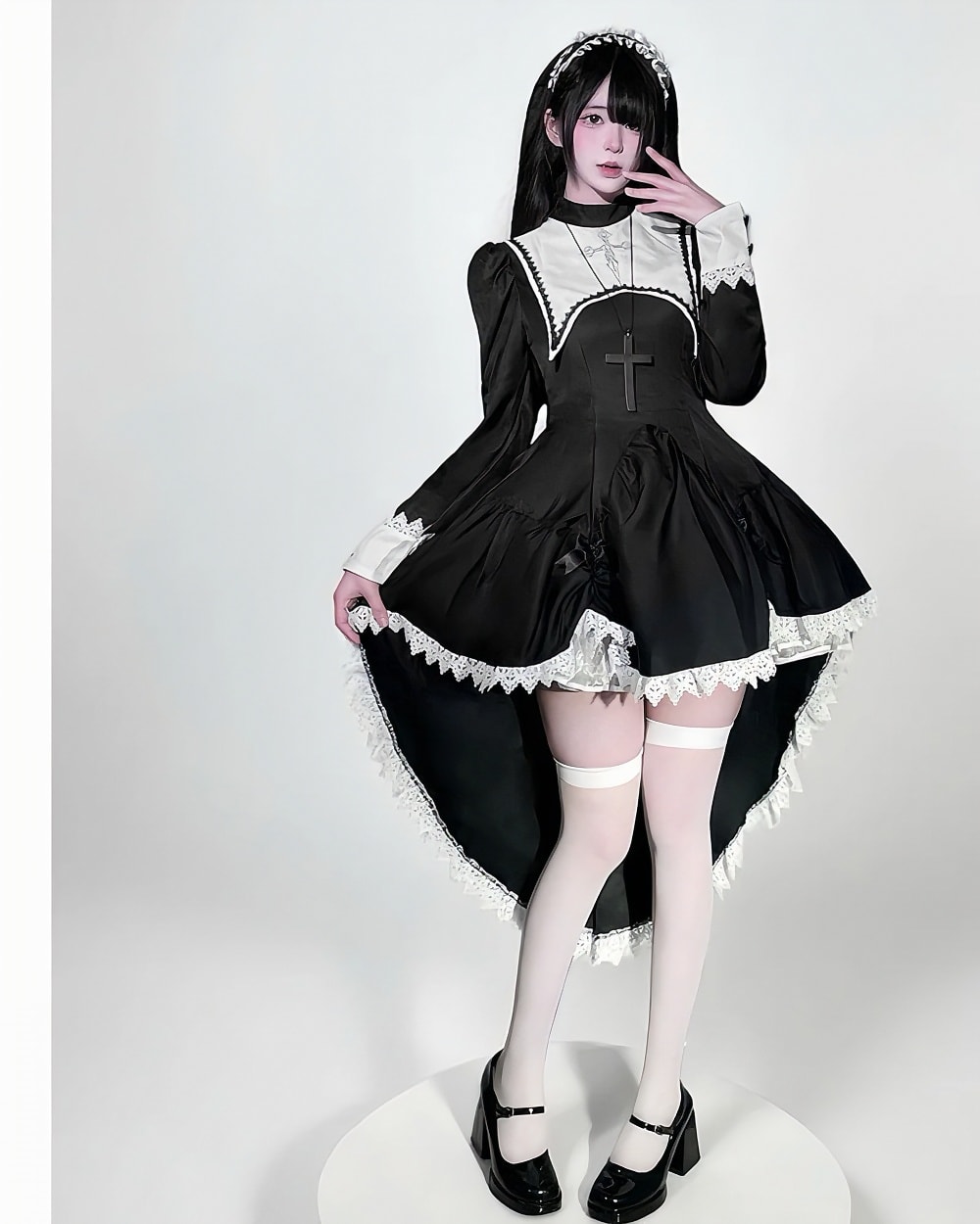 Black Gothic Nun Dress with lace details and a high-low hemline. A complete Gothic Nun Dress.