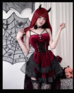 Woman wearing a dark maroon velvet Dark Nun Dress with lace details and a corset, gothic style.