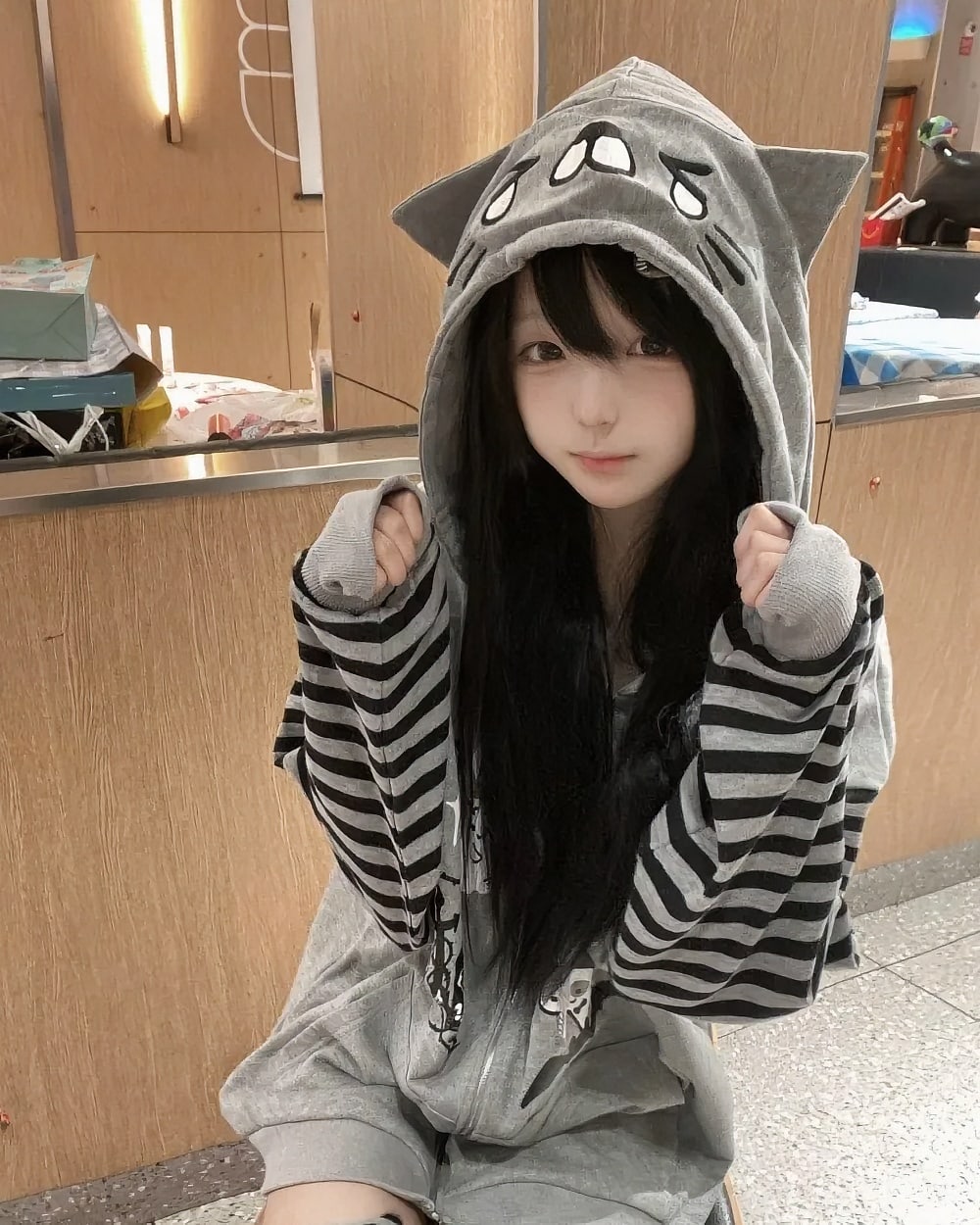 Teary Neko Gray Hoodie - Halloween Edition featuring a Harajuku Cat Hoodie.