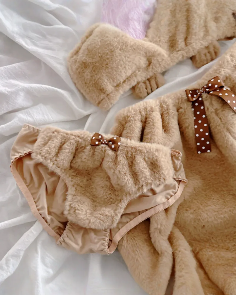 Soft Plush Bear Pajamas set featuring a bear-themed robe and shorts with bow detailing.