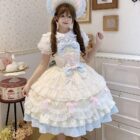 A young woman wearing a Frilly Ribbon Dress - Hime Lolita Dress, featuring ruffles, lace, and a bonnet.