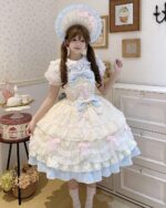 A young woman wearing a Frilly Ribbon Dress - Hime Lolita Dress, featuring ruffles, lace, and a bonnet.
