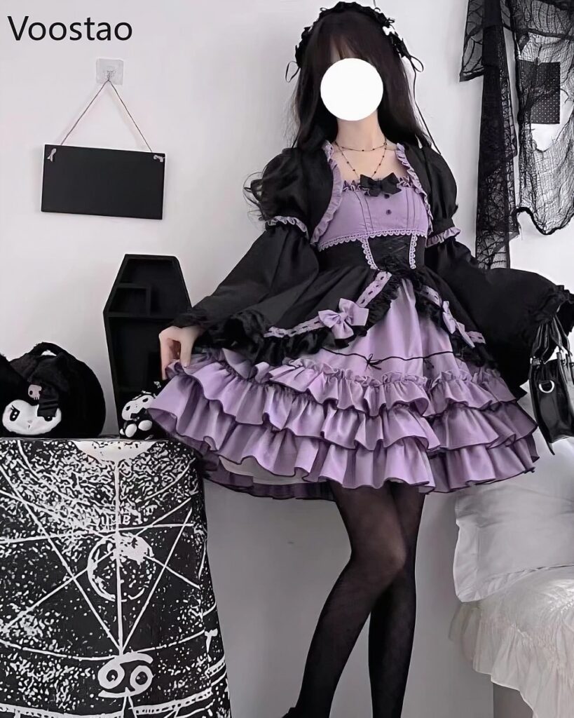 A layered Hime Lolita Dress Collection in purple and black, featuring ruffles and lace details.