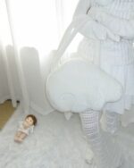 White fluffy Angel Wings Bag, Harajuku aesthetic, displayed with dolls and bedding.