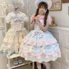 Pink and blue Hime Lolita Dress with layered ruffles, lace, and a bonnet.