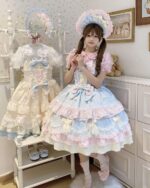Pink and blue Hime Lolita Dress with layered ruffles, lace, and a bonnet.
