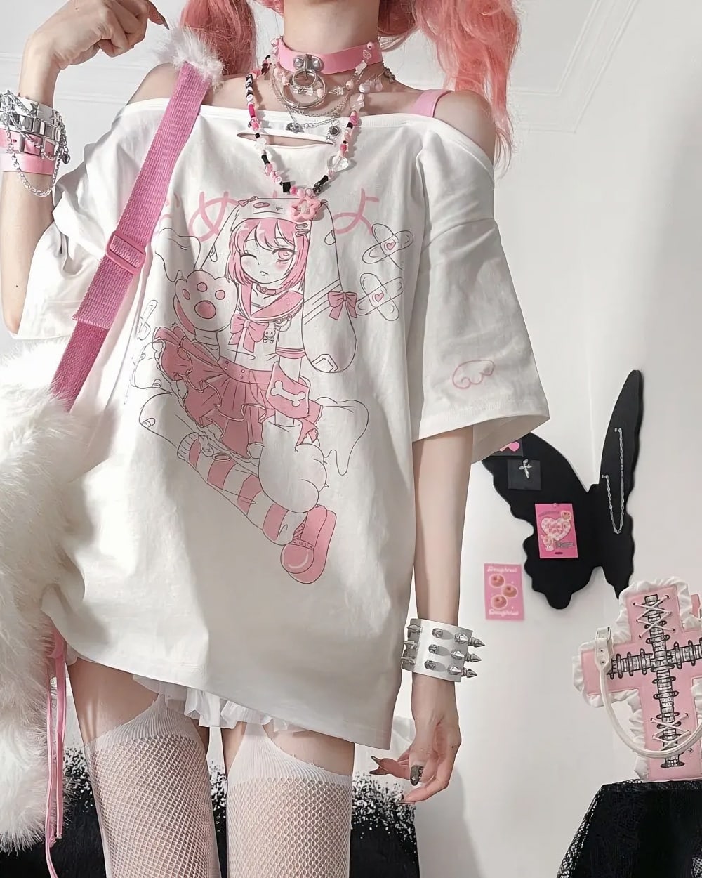 Short Sleeve Off-Shoulder T-Shirt - Animecore Aesthetic featuring a detailed graphic print.
