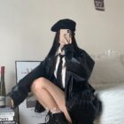 Black Korean Style Jacket worn with beret and boots, preppy aesthetic.