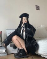 Black Korean Style Jacket worn with beret and boots, preppy aesthetic.