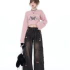 Butterfly Top Two Piece Set - Grunge Aesthetic featuring a pink crop sweater and wide-leg pants.