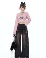Butterfly Top Two Piece Set - Grunge Aesthetic featuring a pink crop sweater and wide-leg pants.
