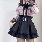 Pink and black Jirai Kei Aesthetic off-shoulder blouse and high-waisted skirt set with lace details.