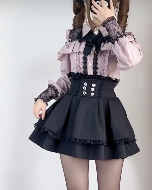 Pink and black Jirai Kei Aesthetic off-shoulder blouse and high-waisted skirt set with lace details.