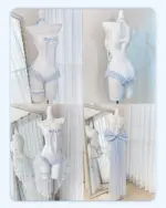 Two Lolita Inspired Swimwear sets displayed on mannequins. One is a two-piece, the other a one-piece with a flowing skirt.