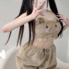 Brown Soft Plush Bear Pajamas set with bow accents, kawaii style sleepwear.