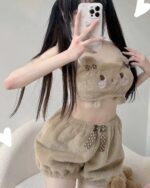 Brown Soft Plush Bear Pajamas set with bow accents, kawaii style sleepwear.