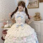 Model wearing a Frilly Ribbon Dress - Hime Lolita Dress, featuring layered ruffles and bows.